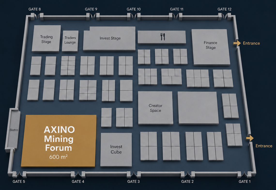 INVEST Stuttgart floor map showing the 600 square metre AXINO Mining Forum area